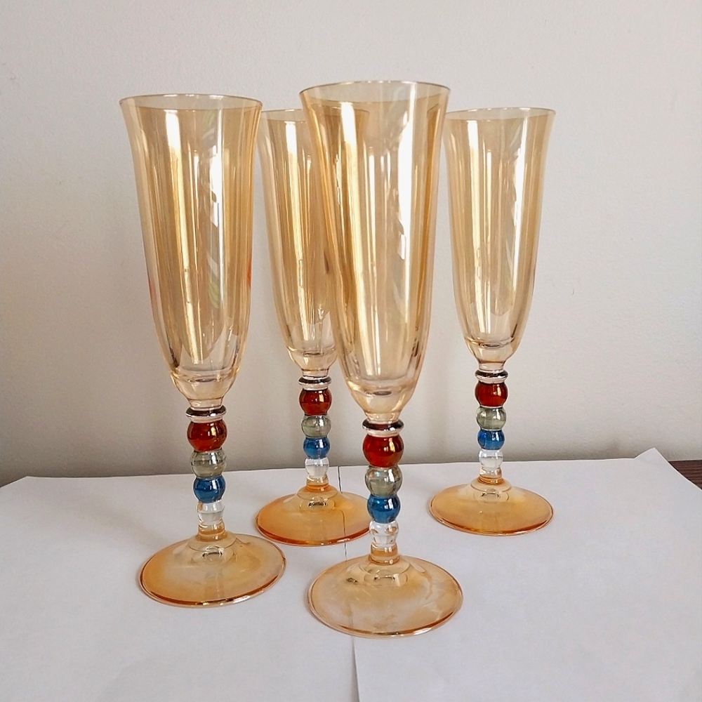 MURANO Italian Crystal Honey Amber Champagne Flutes